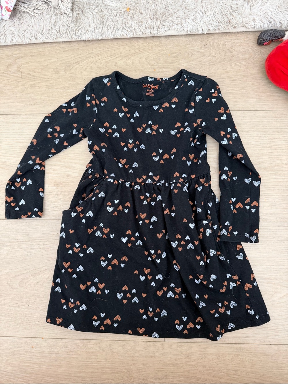Cat & Jack Black Long-Sleeve Heart Print Dress - White & Orange Hearts